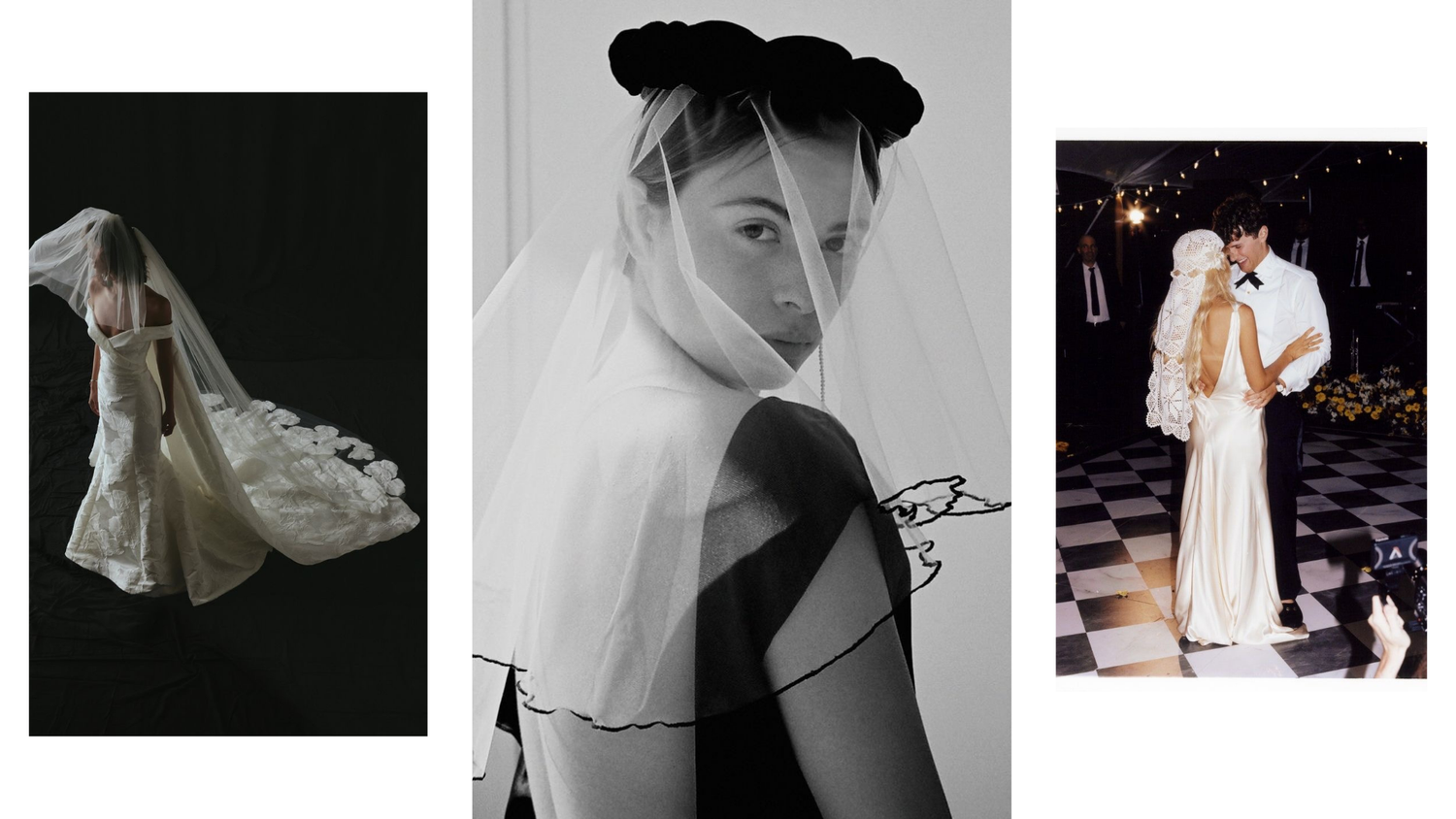 Minimalist bridal fashion photos featuring classic veils and simple wedding gowns.