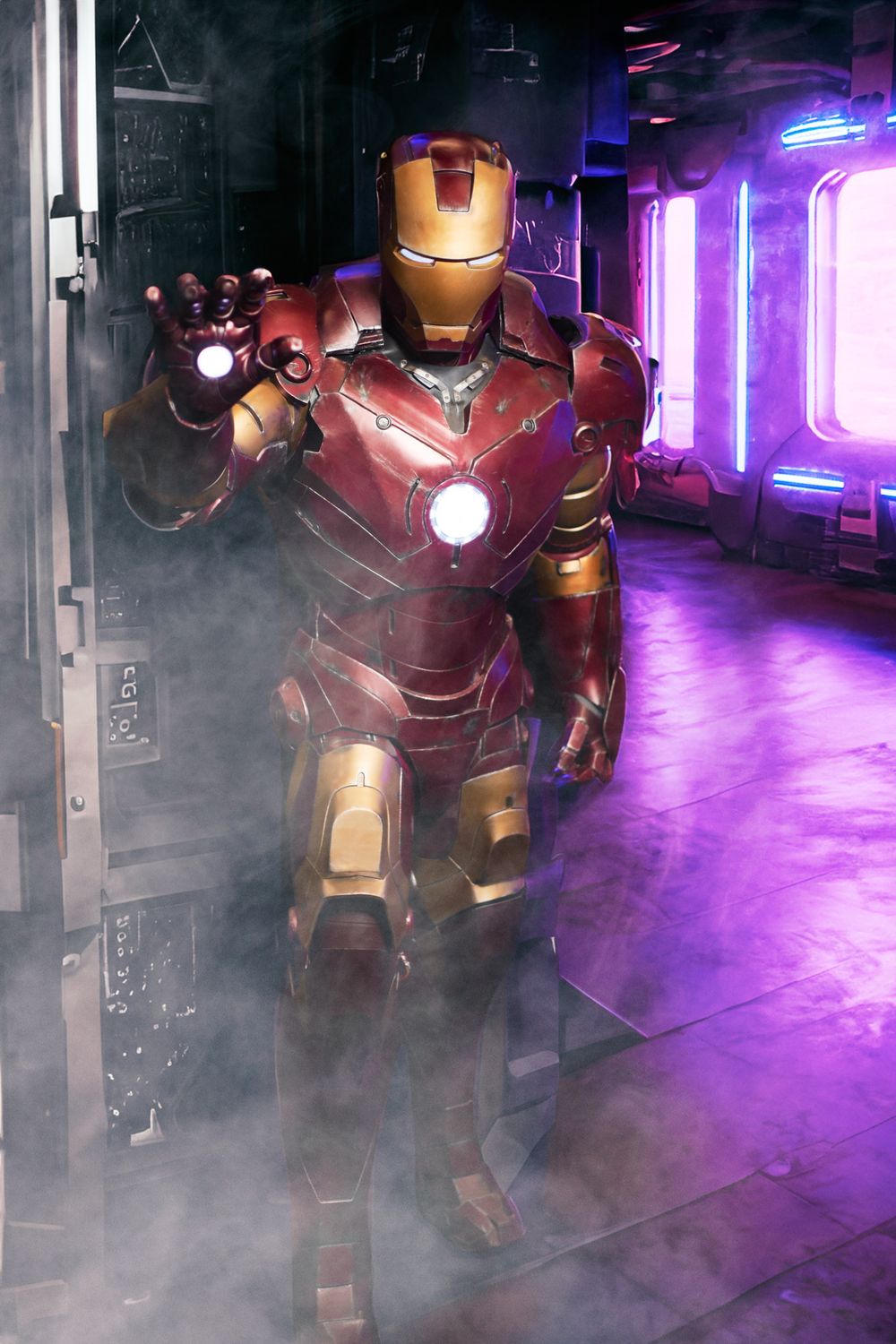Iron Man cosplayer poses dramatically in smoky room with purple neon lighting and atmospheric effects.