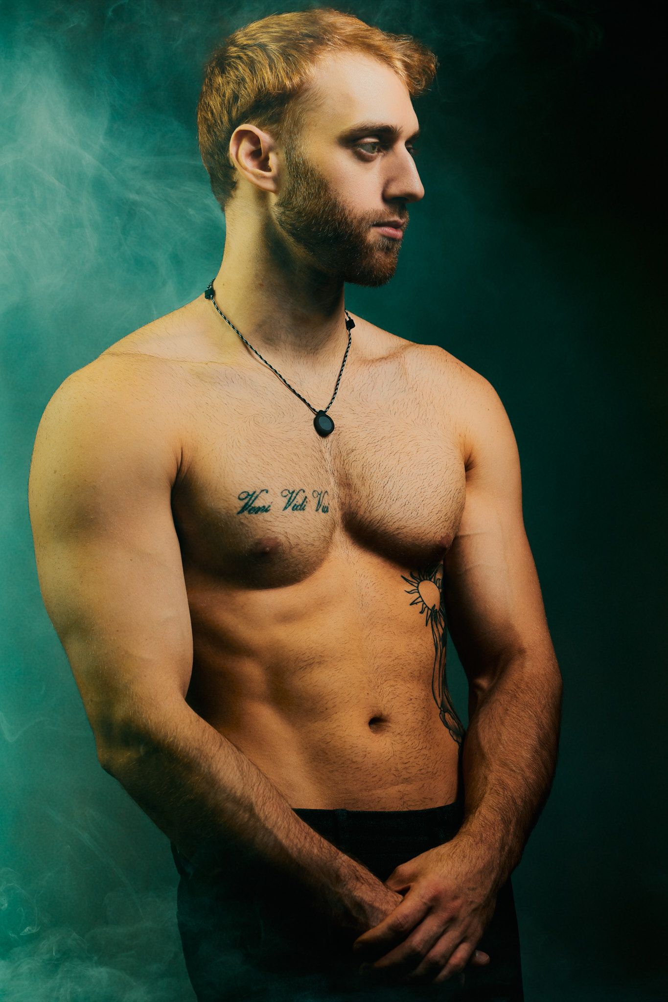 Artistic portrait series showing bare torso against dark green background with dramatic lighting and smoke effects.