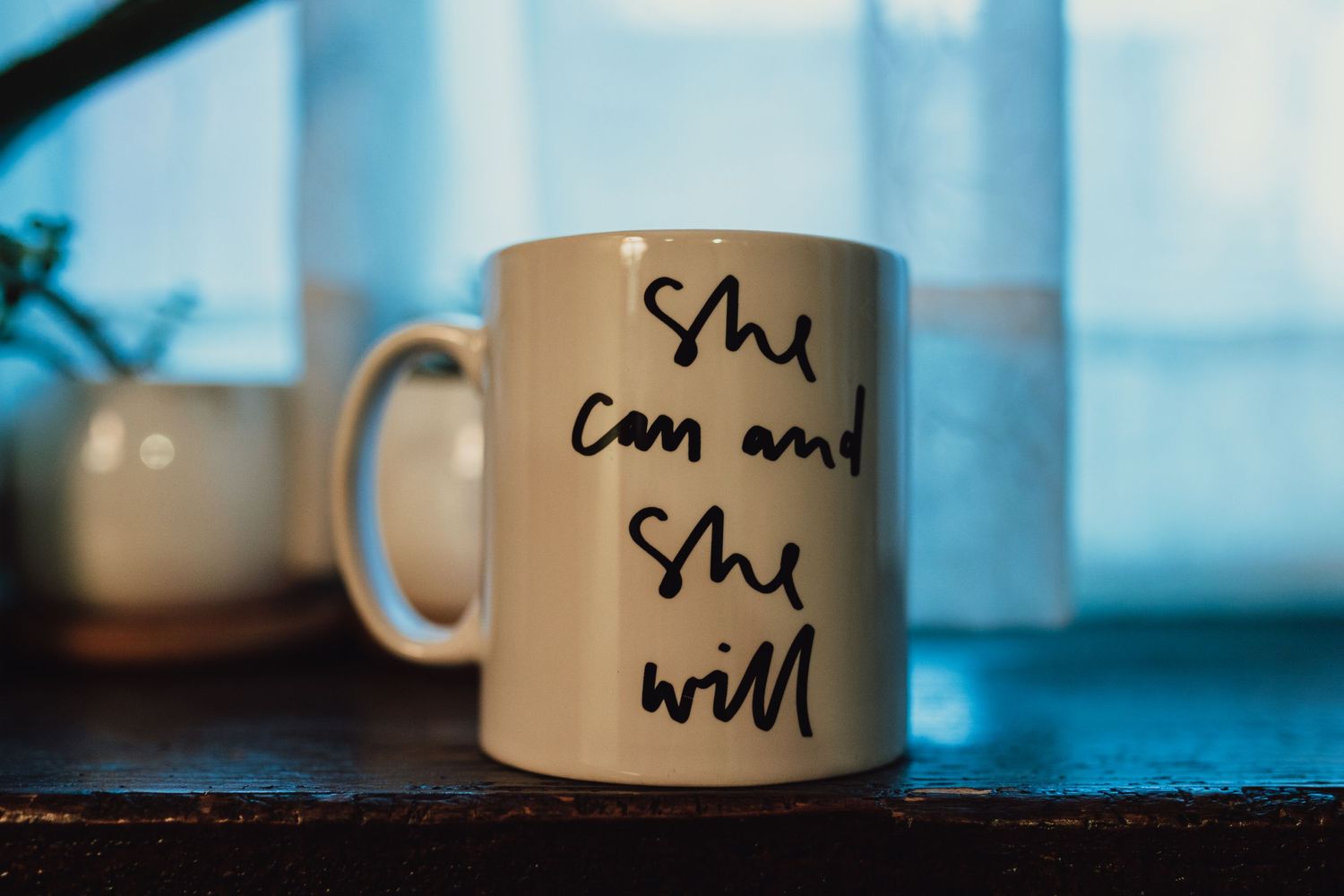 White mug with the words "She can and she will" printed on it