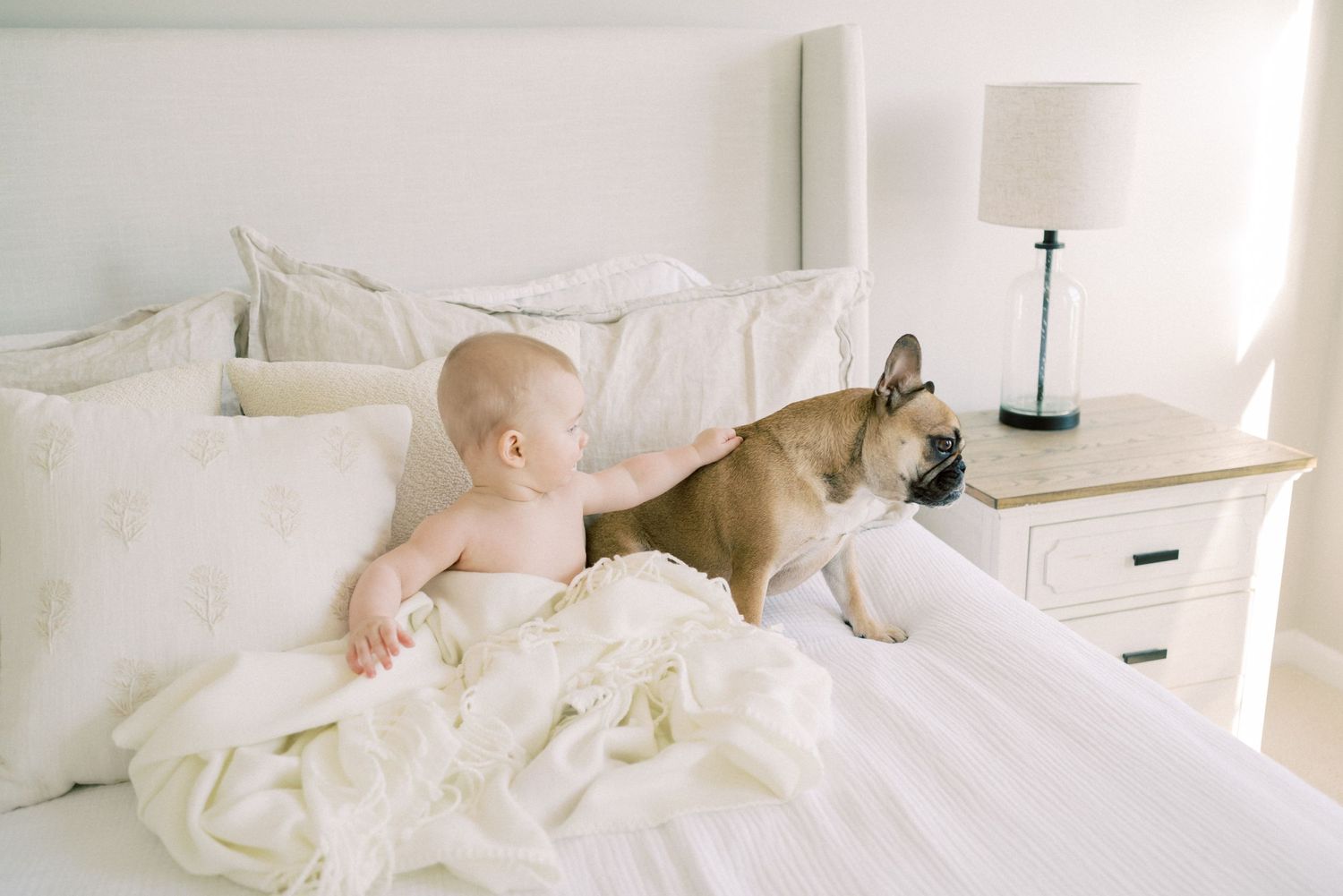 Baby and dog relaxing together on white bed with rumpled sheets.