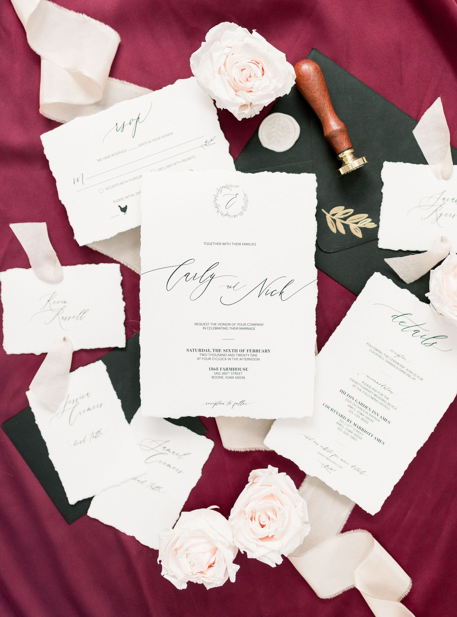 Light and airy 1868 Farmhouse Wedding in Boone, Iowa with Milton Print Co. stationary flat lay