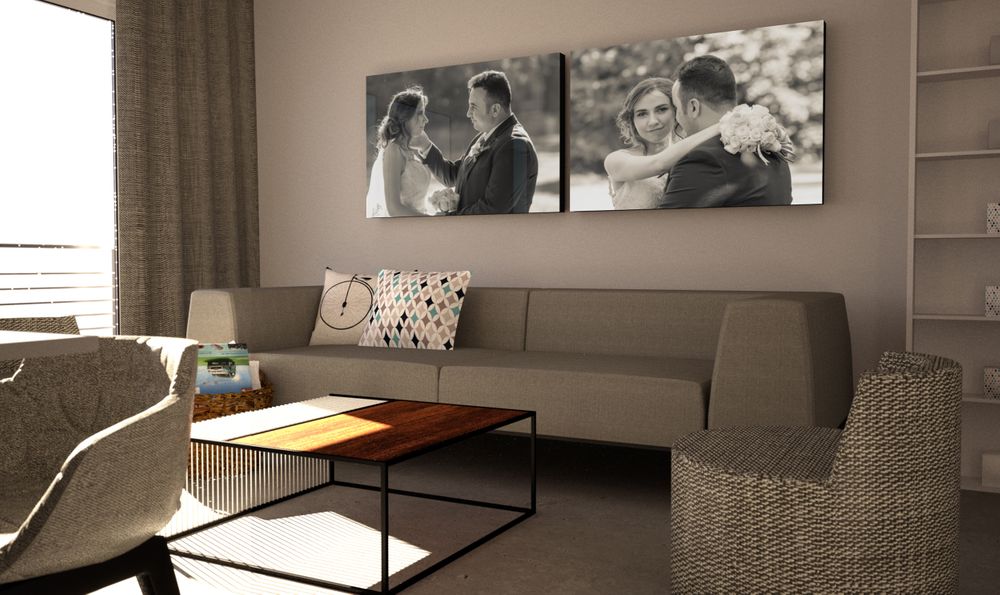 large canvas prints wall mounted in a living room by graphistudio
