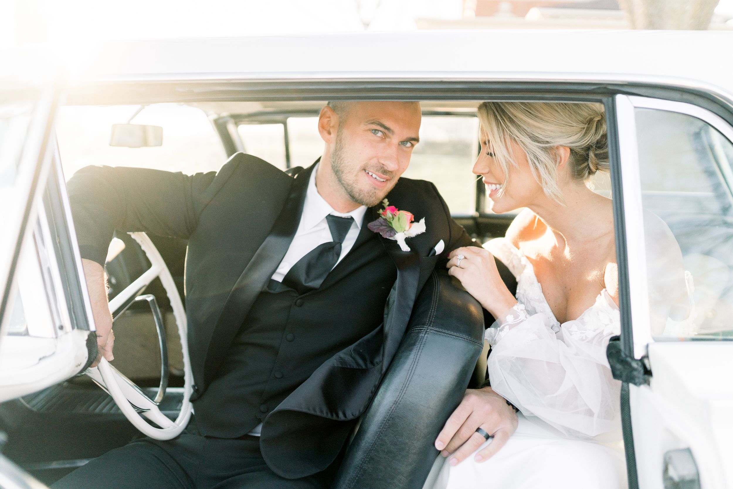 Light and airy Elopement wedding with vintage car at 1868 Farmhouse Wedding in Boone, Iowa with Modern Dress bridal gown