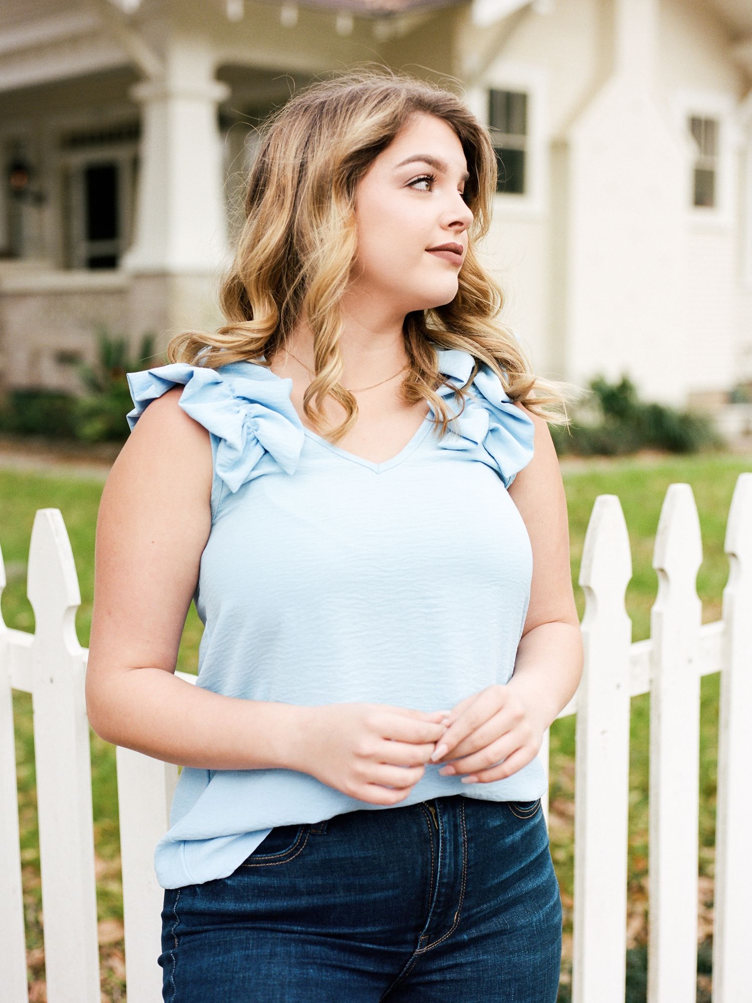 Louisiana senior portrait of female Franklinton High School student on streets of downtown Covington
