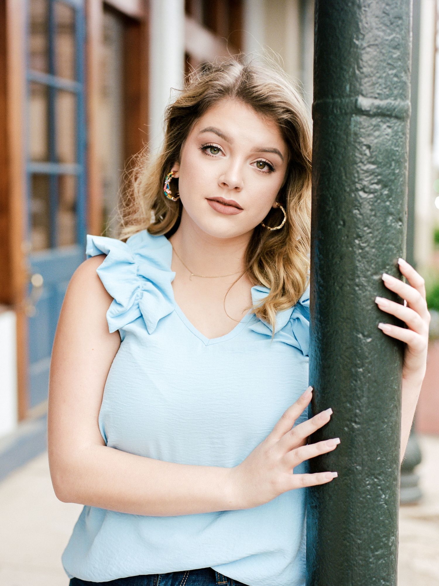 Louisiana senior portrait of female Franklinton High School student on streets of downtown Covington