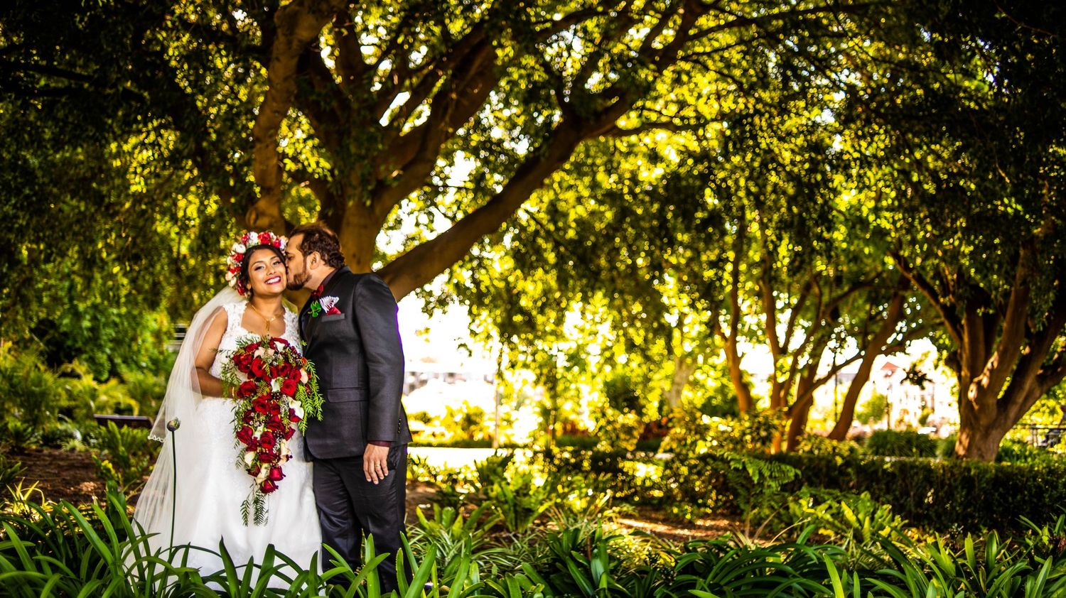 Wedding couple stands under sunlit trees with lush garden backdrop.