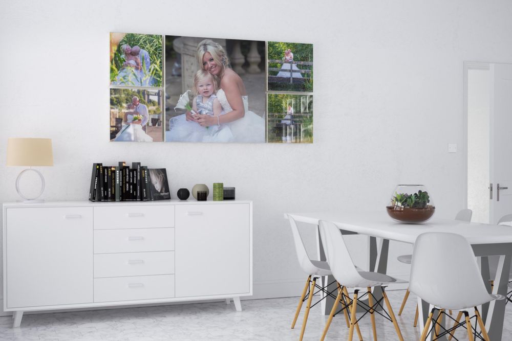 metal prints wall mounted in a dining room setting by graphistudio