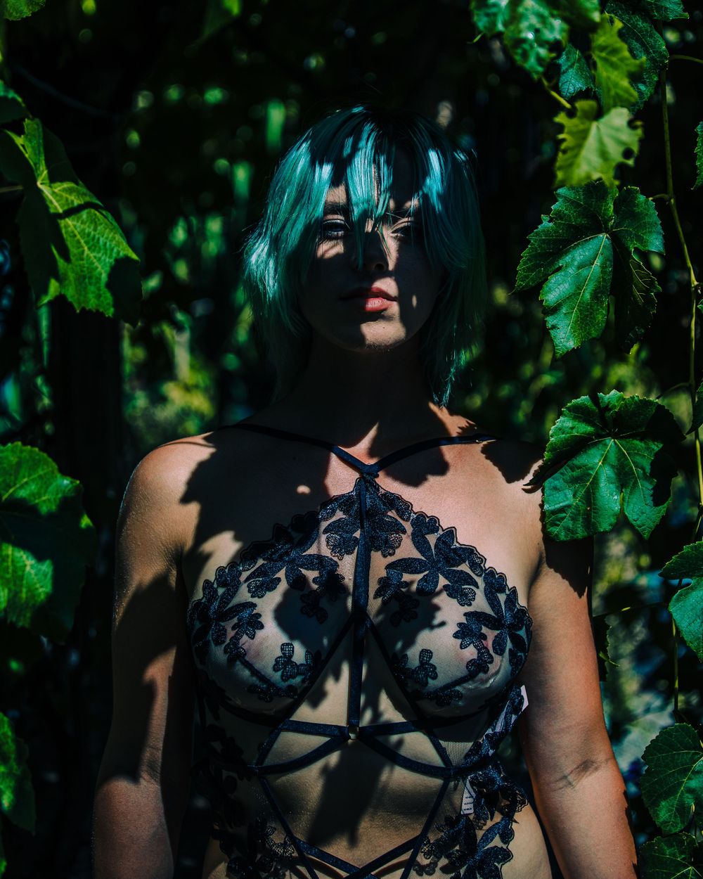 leaves and shadows portrait beautiful woman lingerie