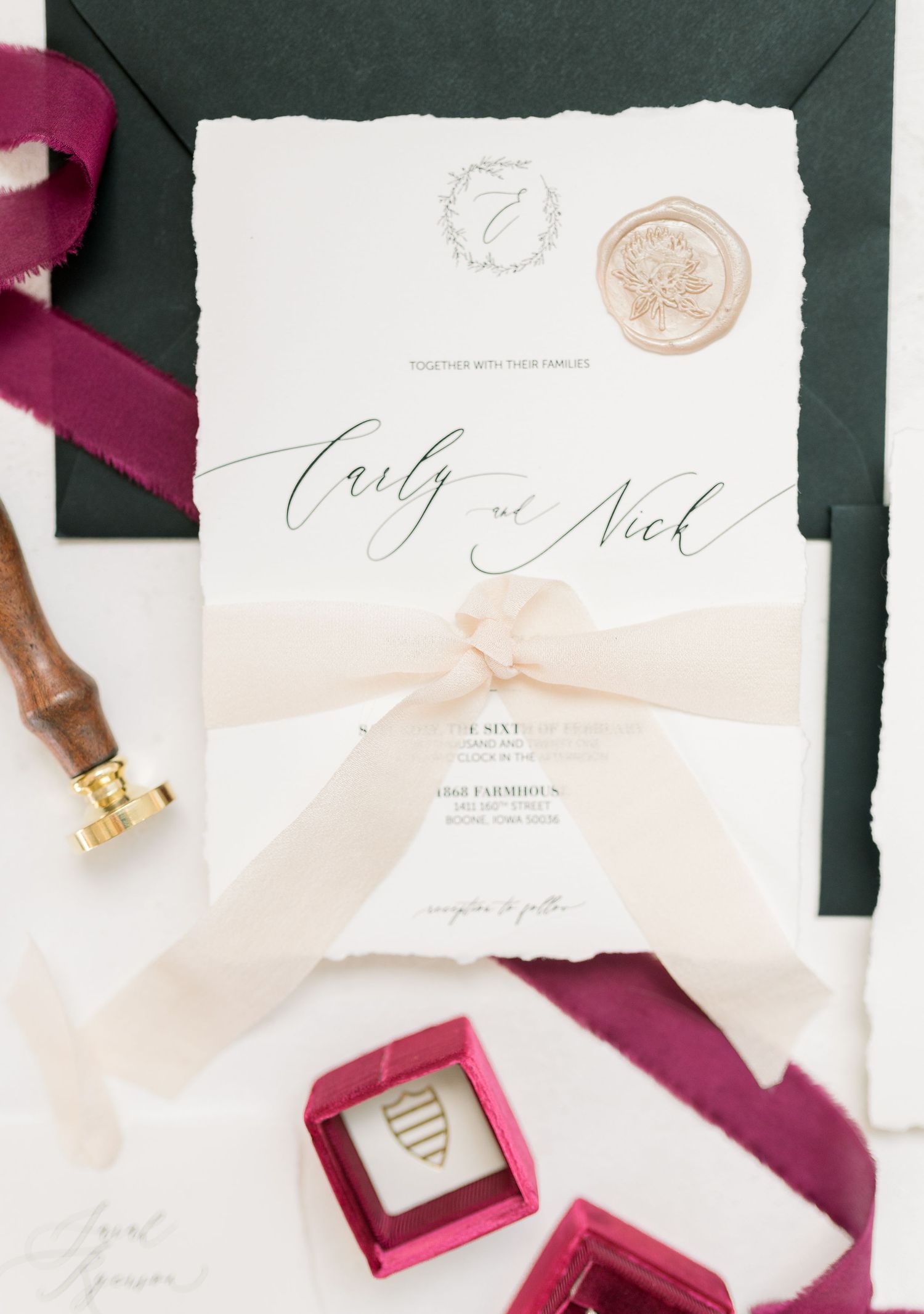 Light and airy 1868 Farmhouse Wedding in Boone, Iowa with Milton Print Co. Flat lay suite