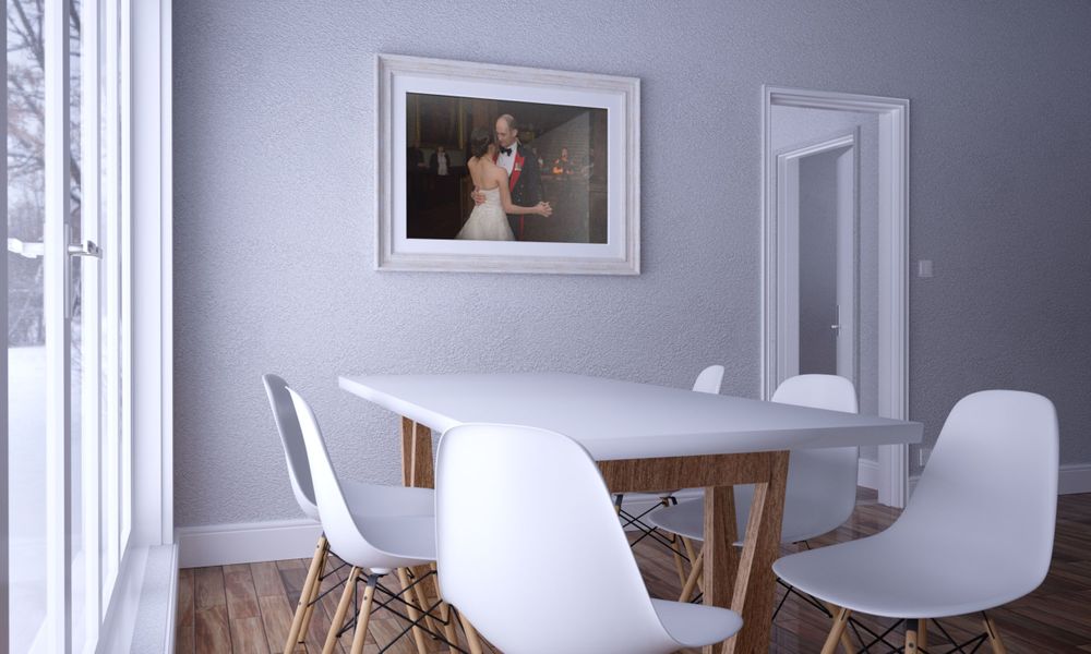 framed wedding print wall mounted in a living room setting by stuart morris photography
