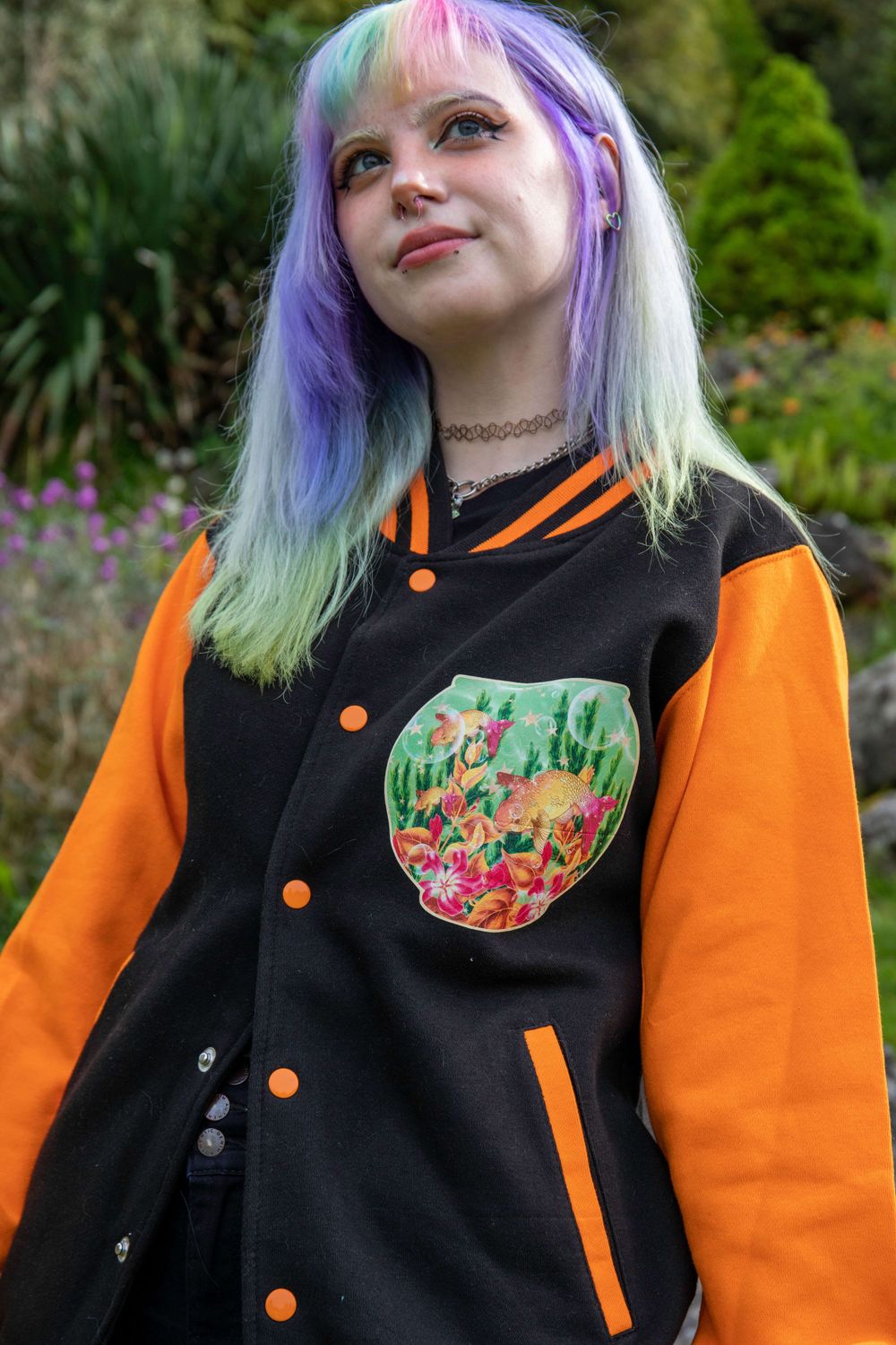 Alternative white model posing in Brighton gardens in East Sussex for small fashion brand Grunge Monkey.