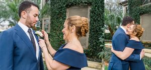 mother of the groom, groom & mother getting ready, putting on buttoner