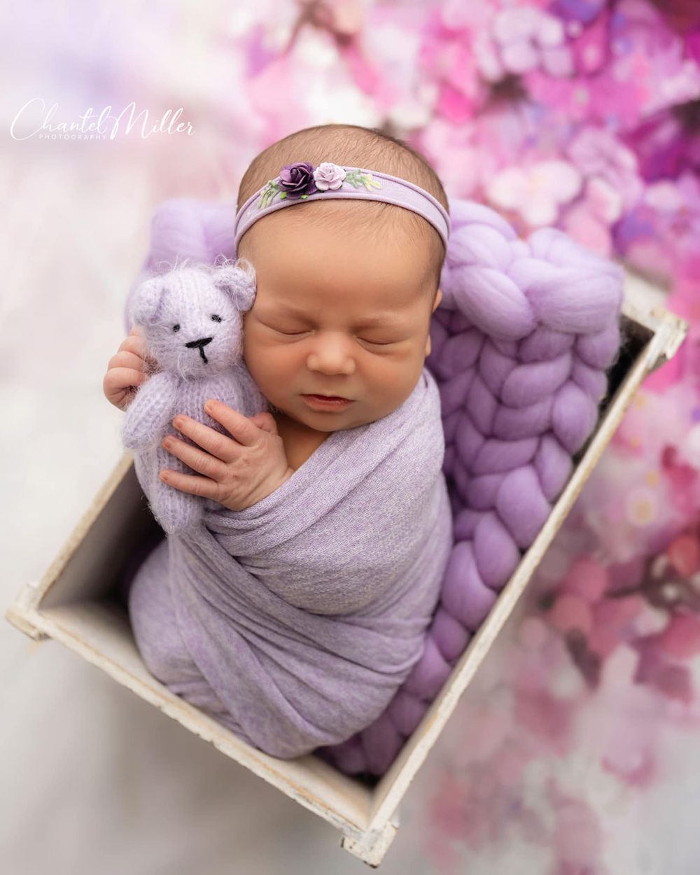 baby girl wrapped in purple holding teddy bear