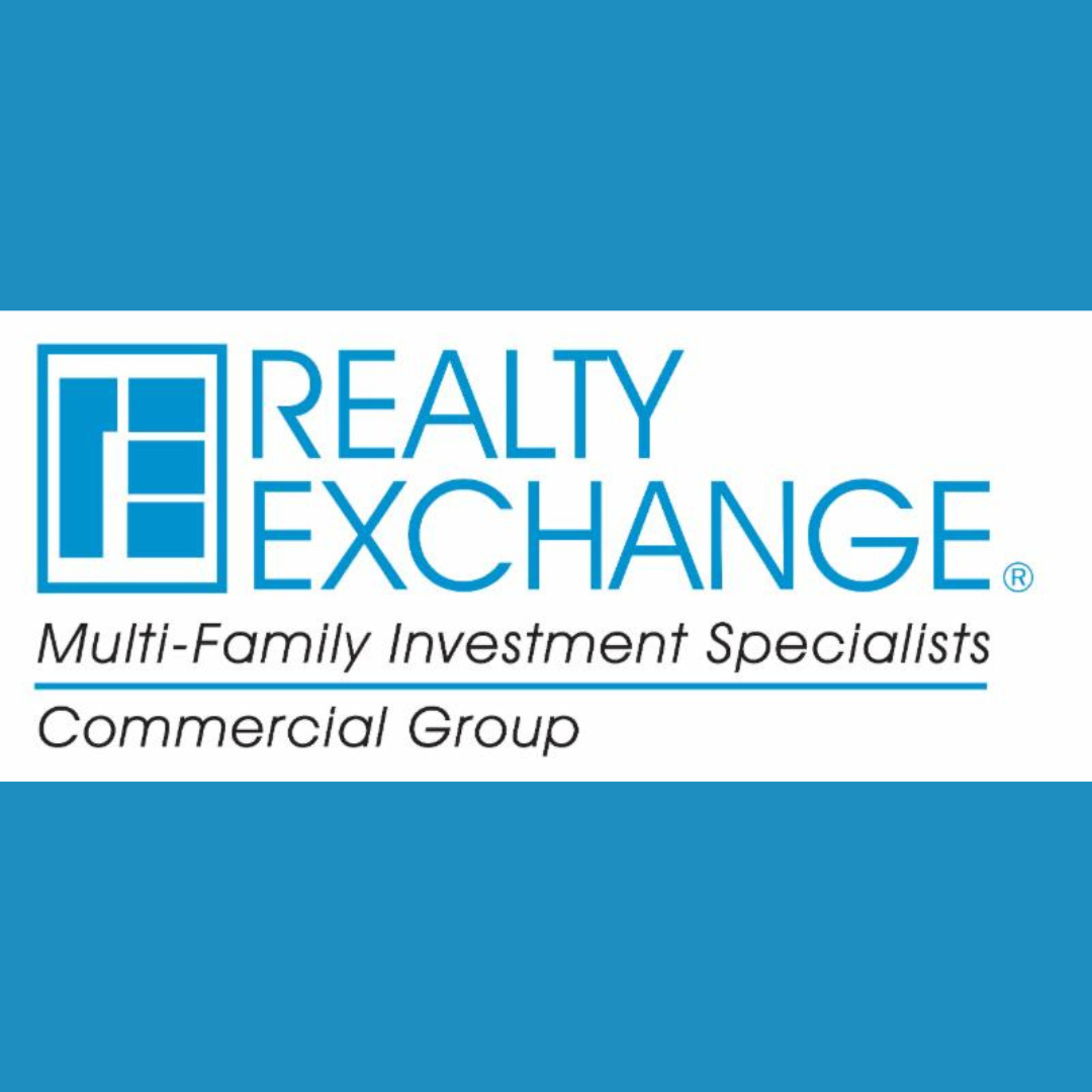 Blue and white logo for Realty Exchange Multi-Family Investment Commercial Group specialists.