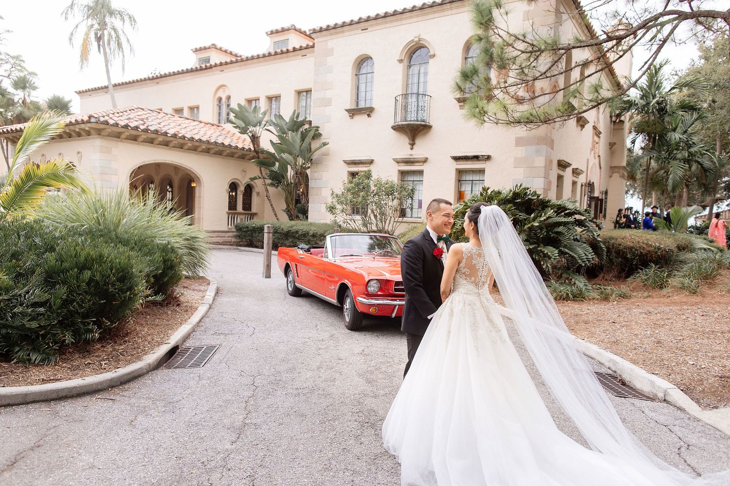 Wide angle view of a garden wedding ceremony at the Powel Crosley Estate Sarasota