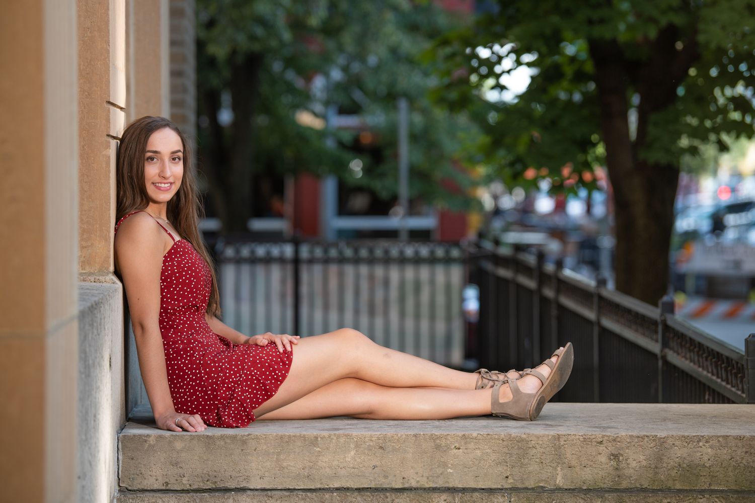Senior Photos, red polka dot romper, Kathleen Murphy Photography, residences at old city hall Rochester