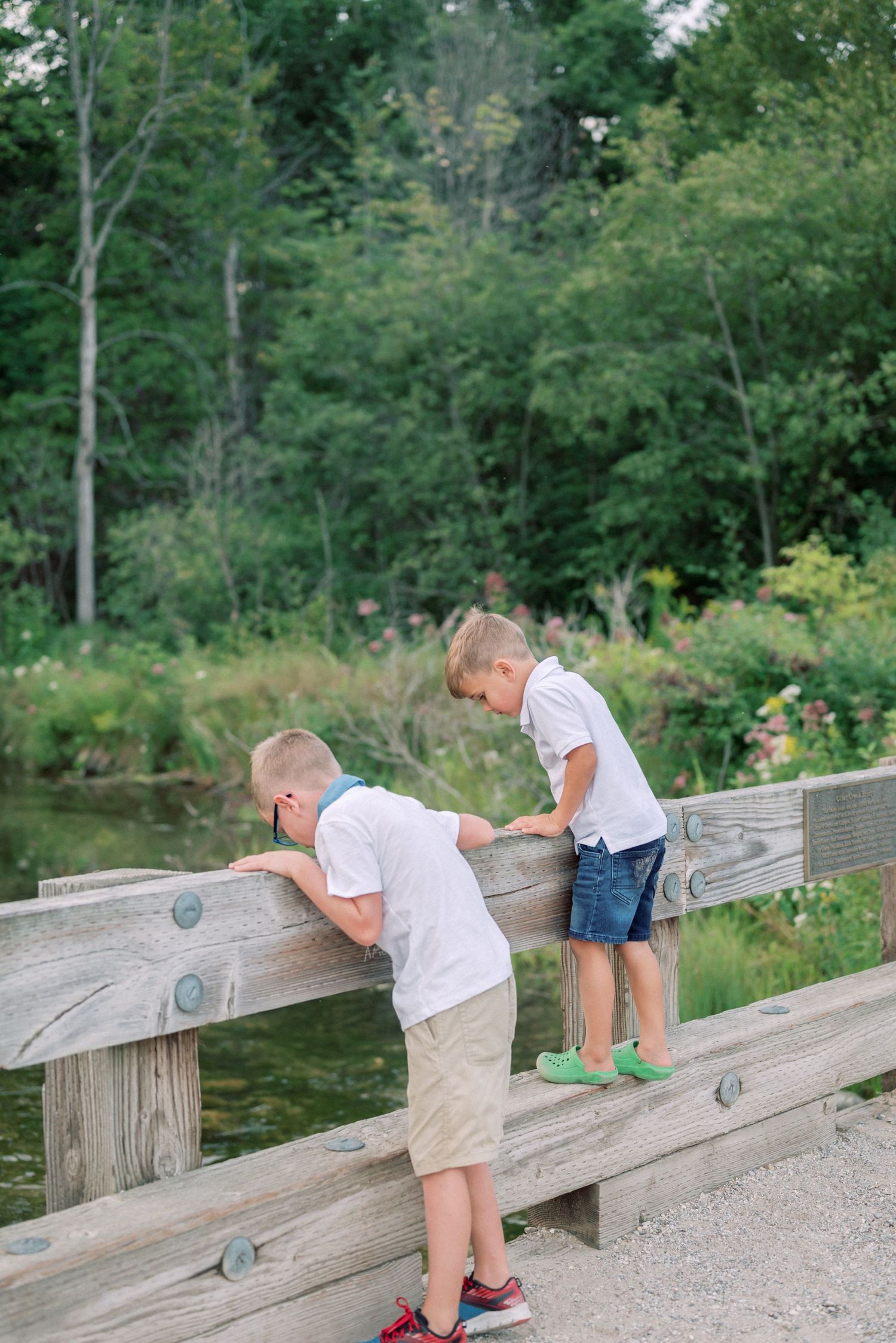 Two children leaning over wooden railing at scenic overlook surrounded by lush greenery.