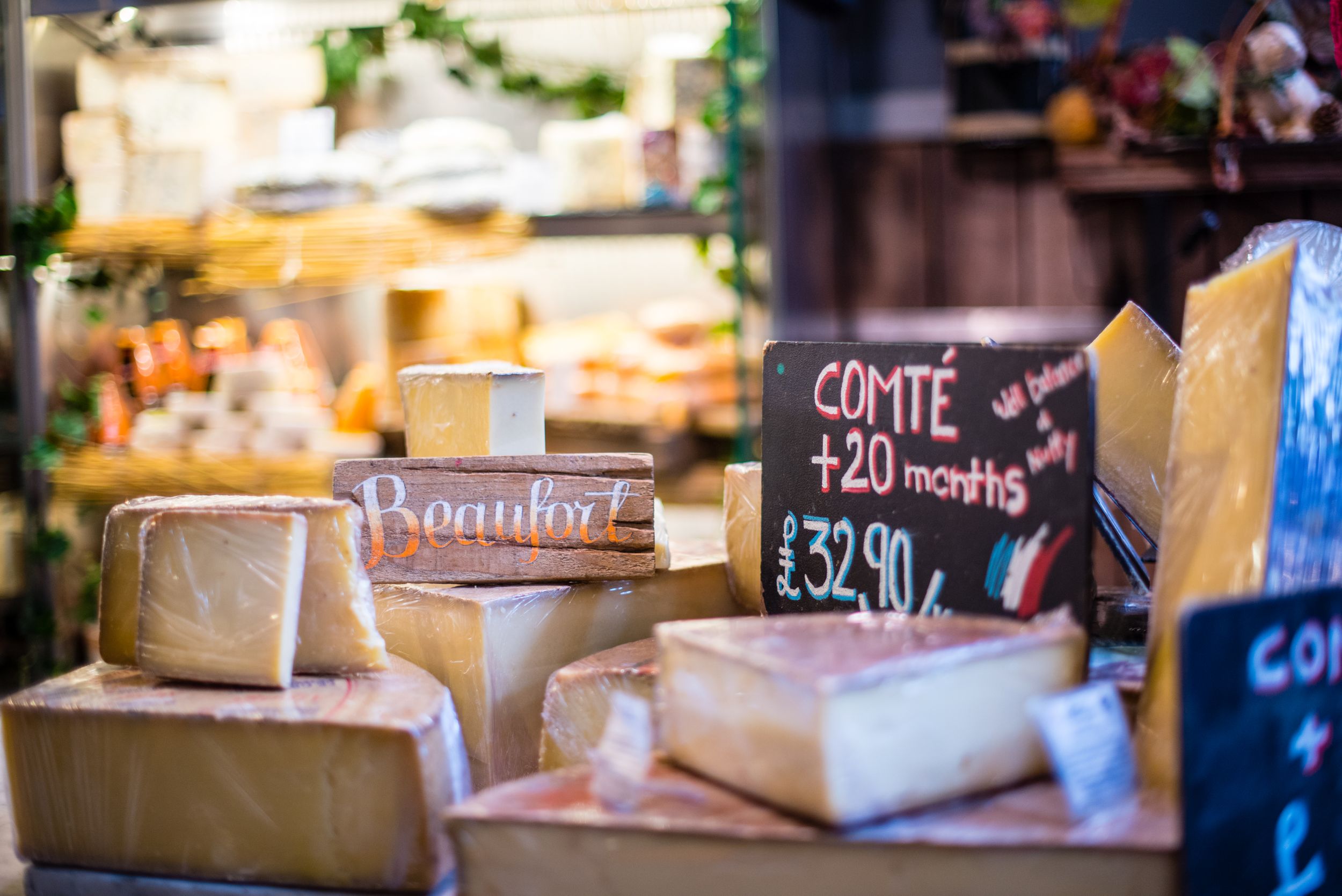 Cheese display at Borough Market, London