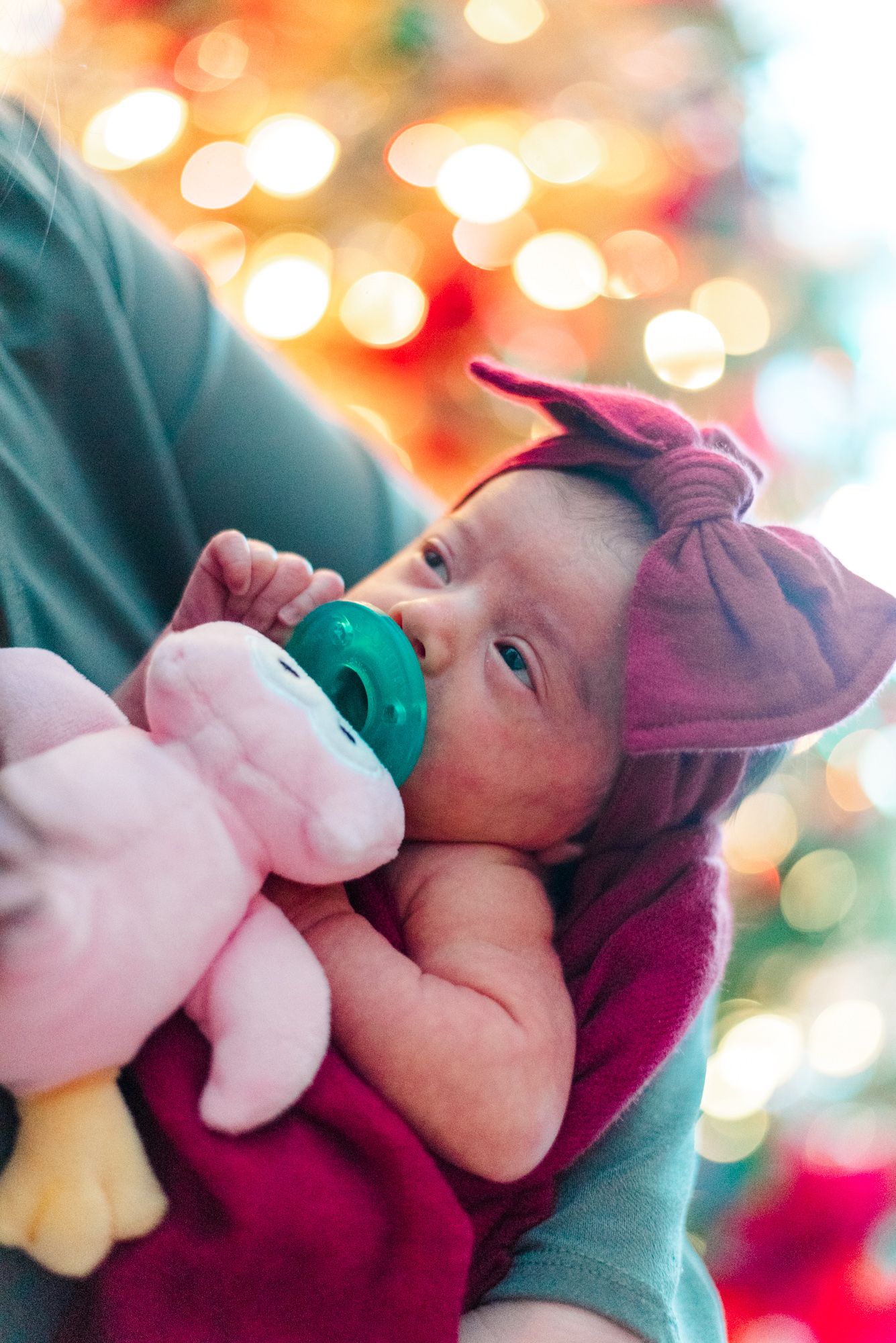 Lifestyle father holding newborn baby in pink wrap in front of Christmas tree in Pittsburgh, Pennsylvania