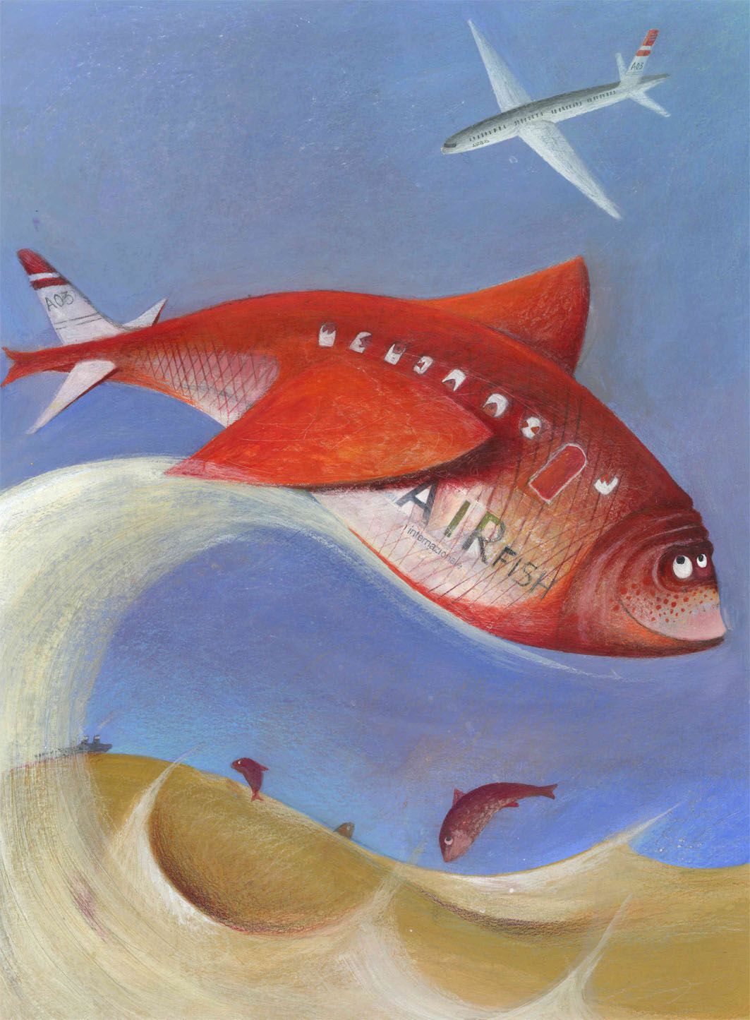 "Pesce - aereo" illustrazione ad acrilico su carta - vendita