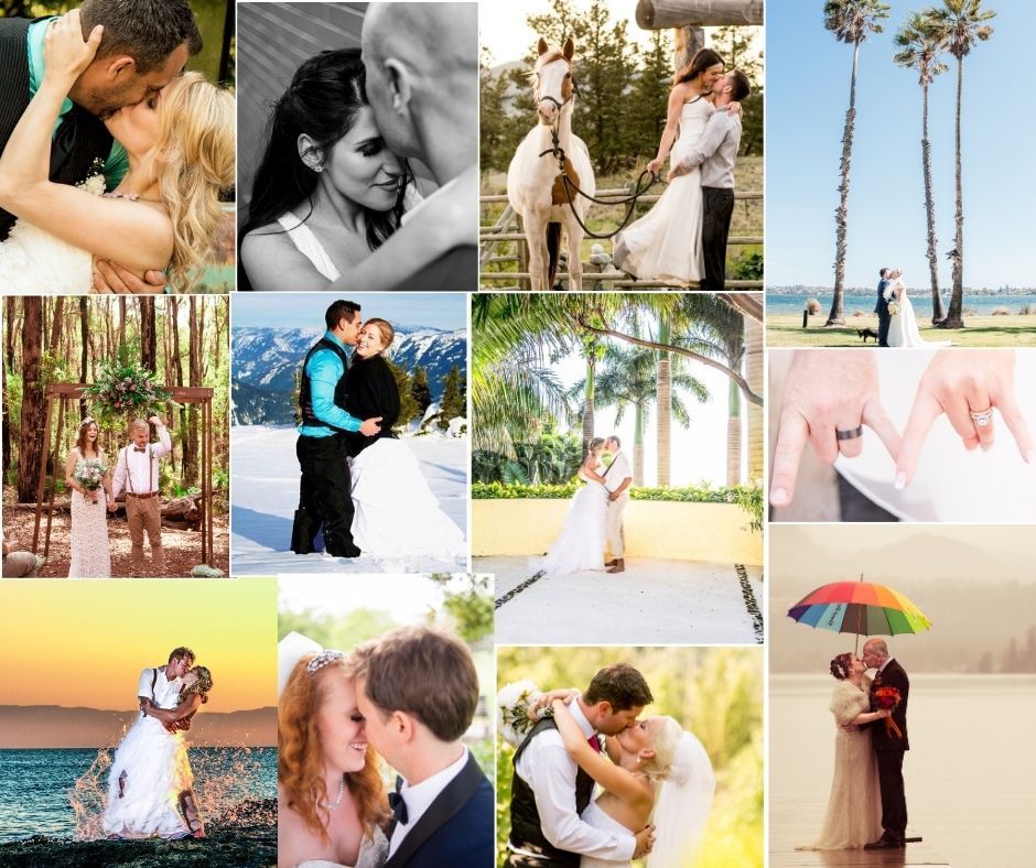 Romantic wedding photo collage featuring couples in outdoor settings with palm trees and dramatic sunset lighting.