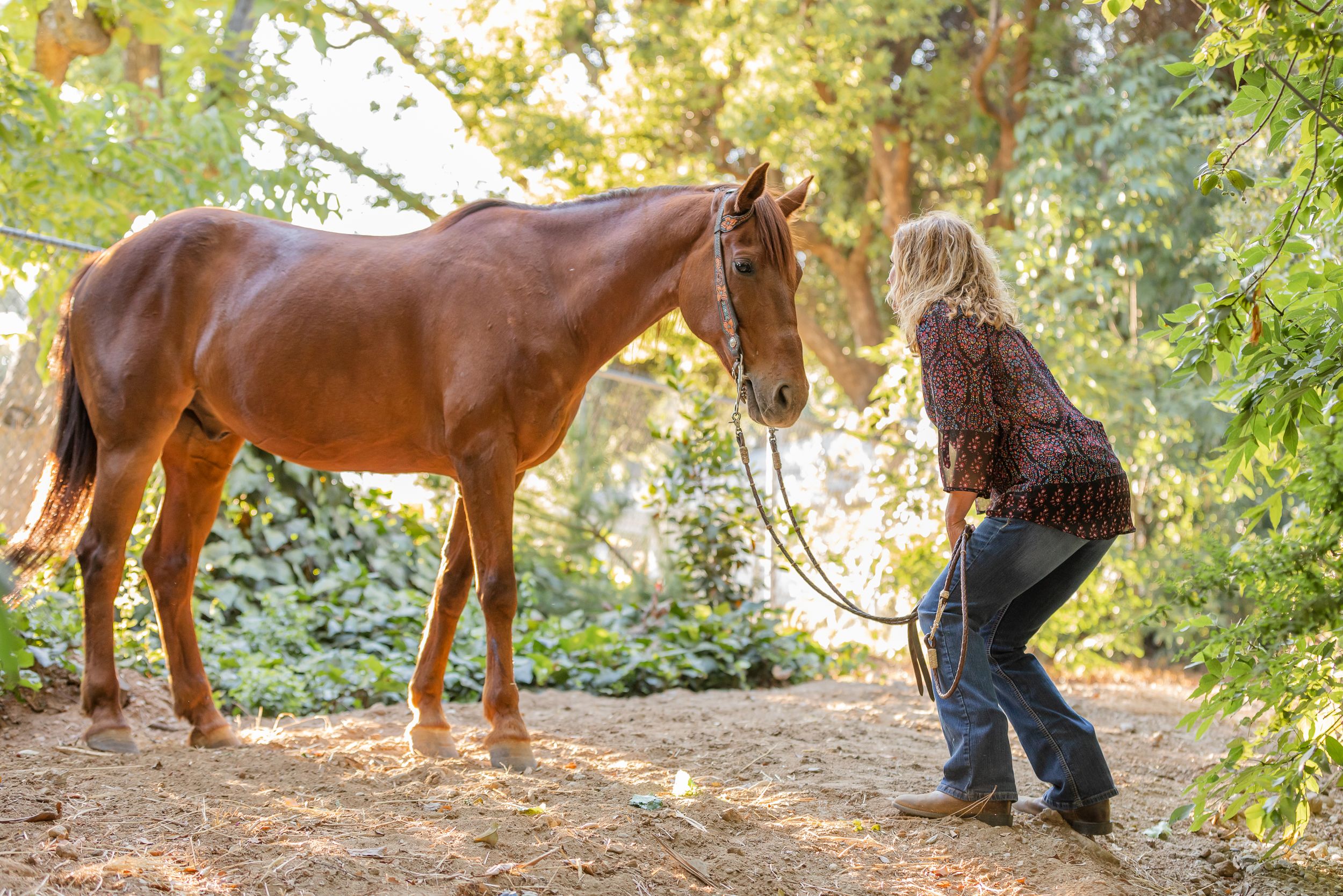 Horse owner walking her horse in the garden