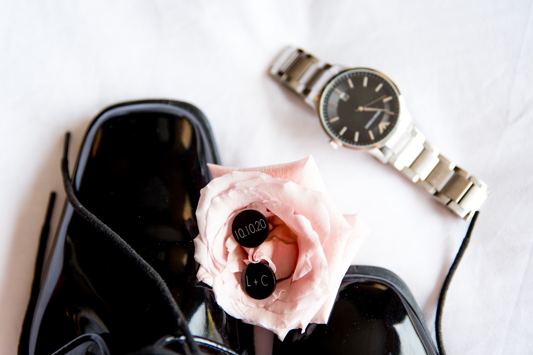 chicago groom wedding accessories silver watch and shiny black shoes
