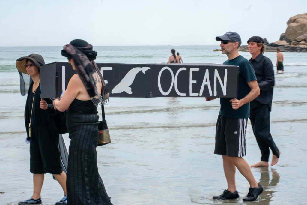 Mourners of the sixth mass extinon carry coffin in funeral procession on Good Harbor Beach, Gloucester, MA
