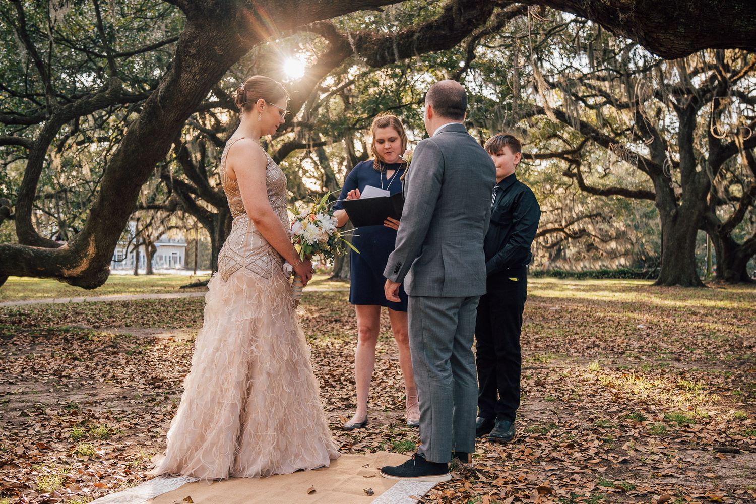 Sunset wedding ceremony in New Orleans City Park