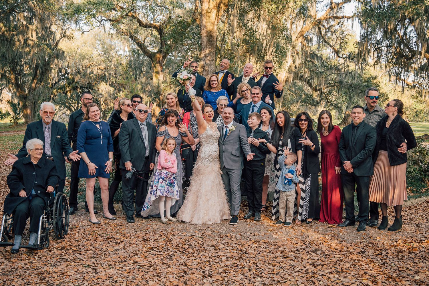 Group Photo of wedding guests in New Orleans City Park