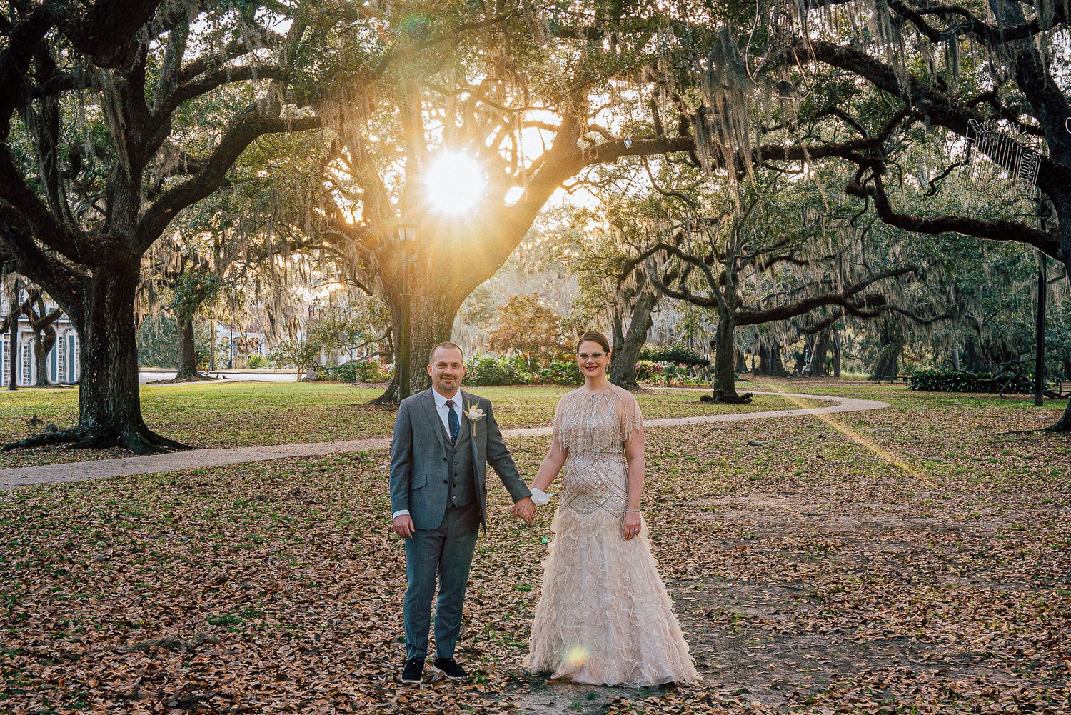 Bride and Groom formals sunset in New Orleans City Park