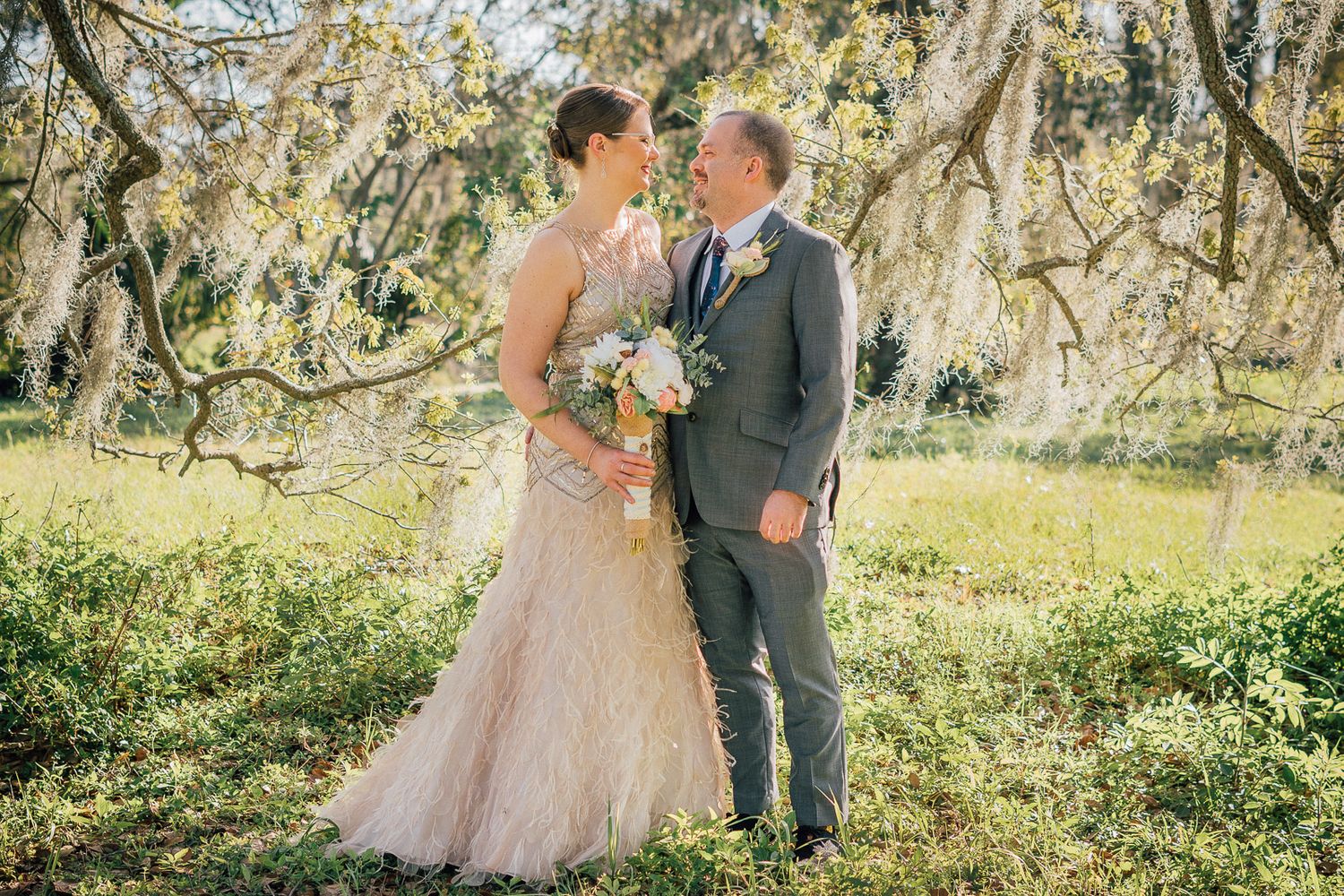Bride and Groom under Oak trees in New Orleans City Park