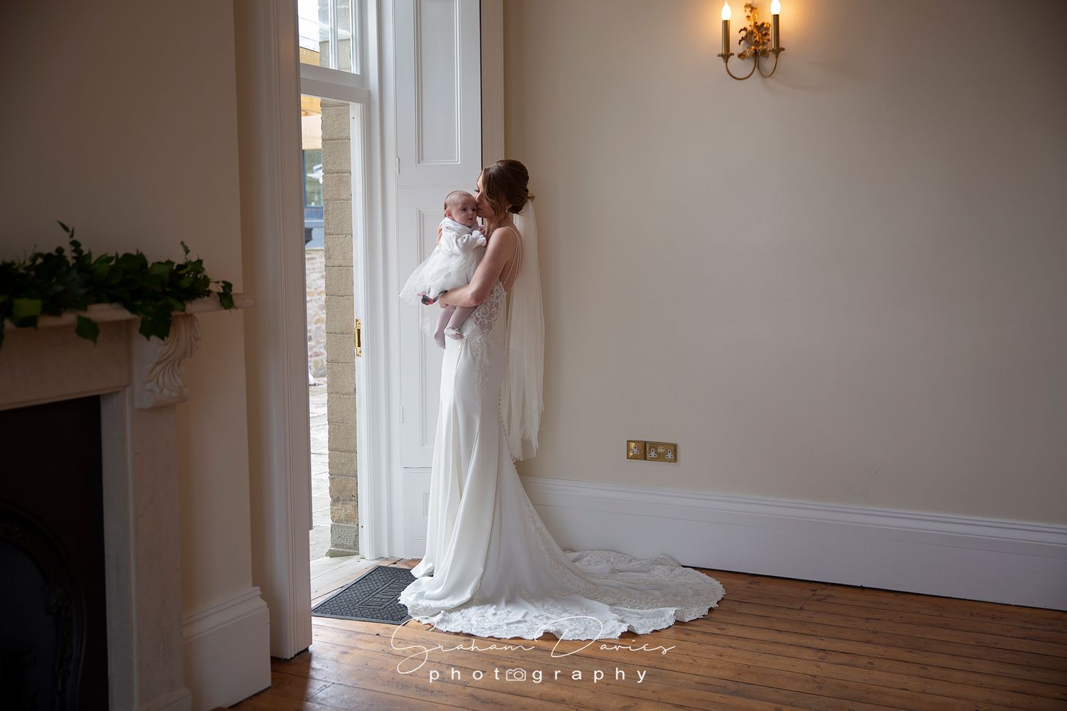 bride and her baby at St Tewdrics House