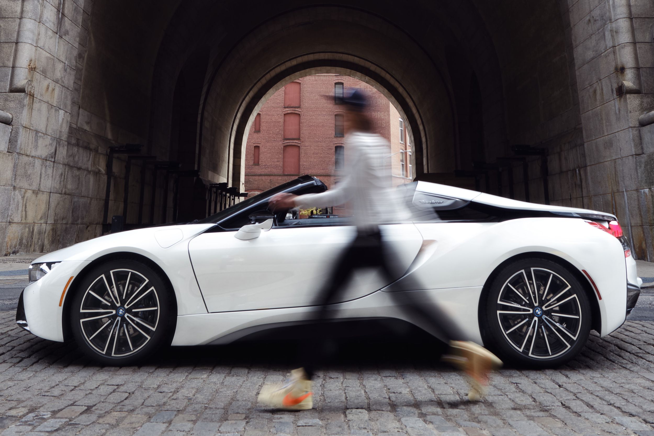2019 BMW i8 white Victoria Brito Dumbo Brooklyn New York Nike hightop BMW Group Culture
