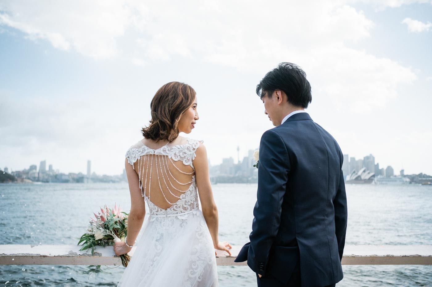 Elopement Bride and Groom with each other by Sydney Harbour