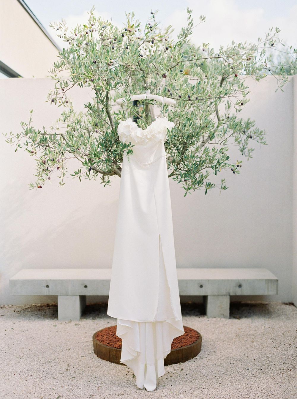Elegant wedding dress on olive tree against white wall at Villa La Coste, Provence.