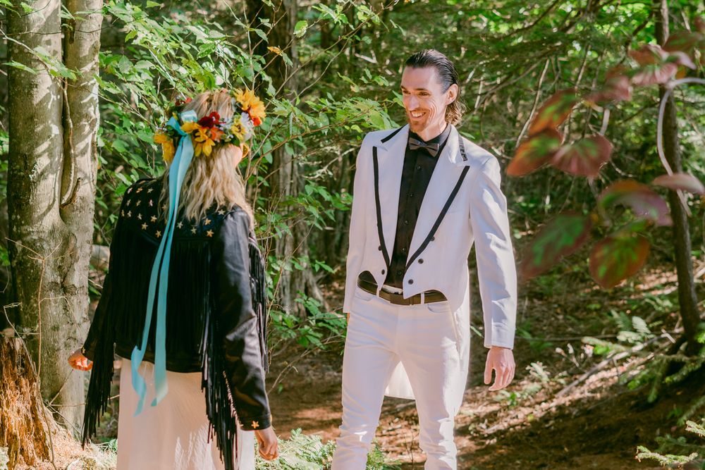 Bride and Groom First Look in Forest