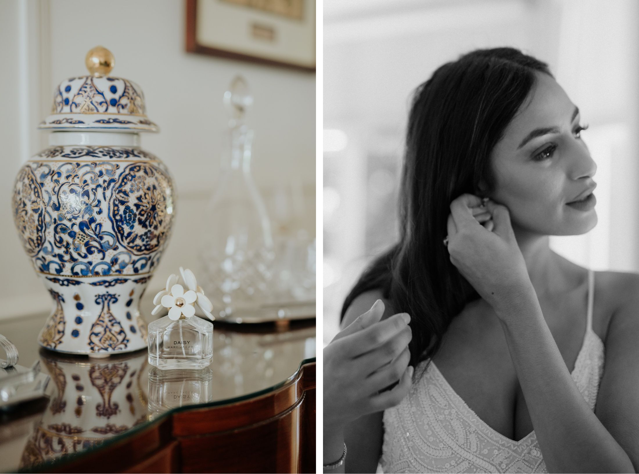 Closeup of bride getting putting on earrings at Moulton Park Homestead