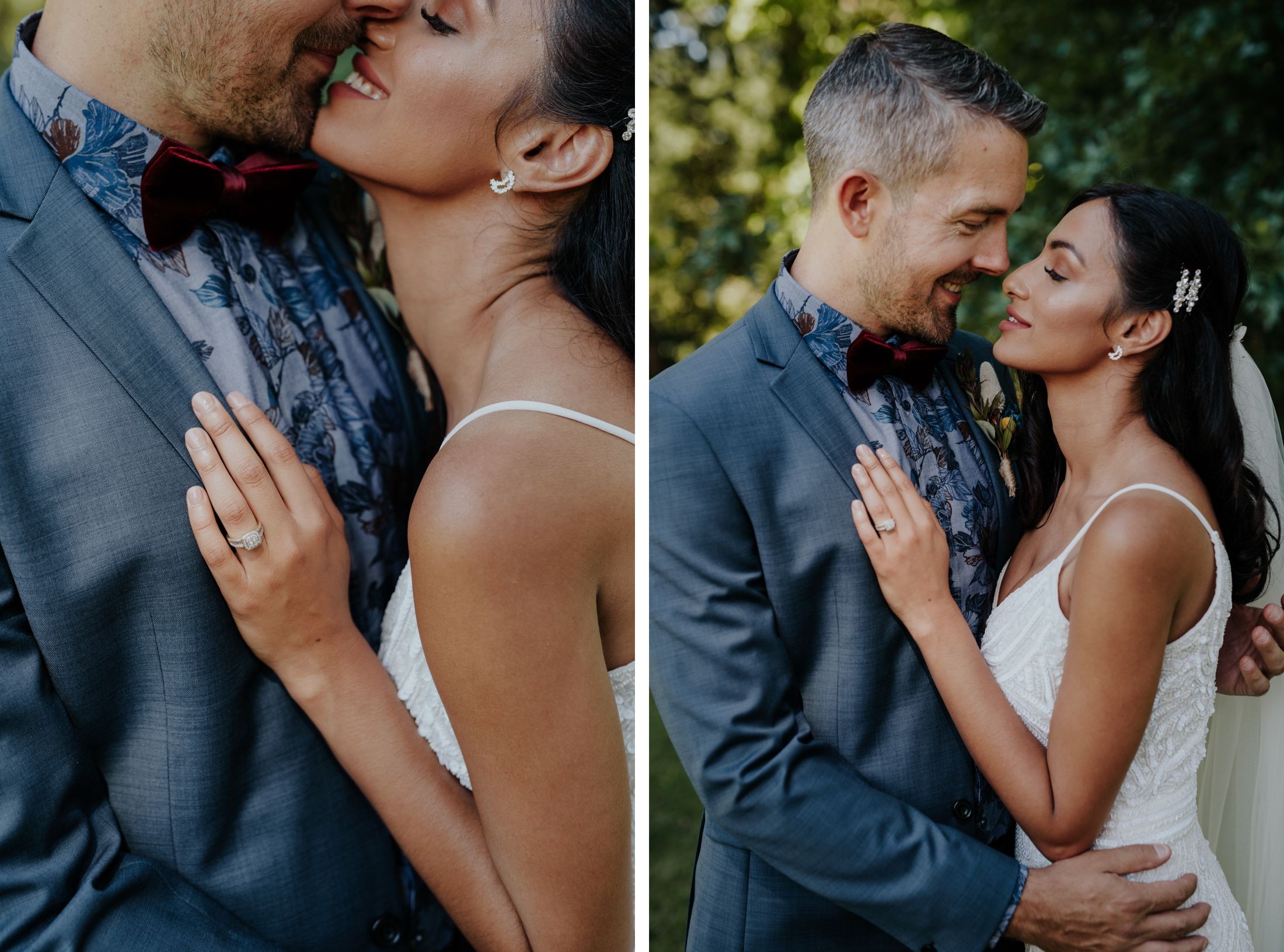 Tight closeup portraits of bride and groom outside Moulton Park Estate