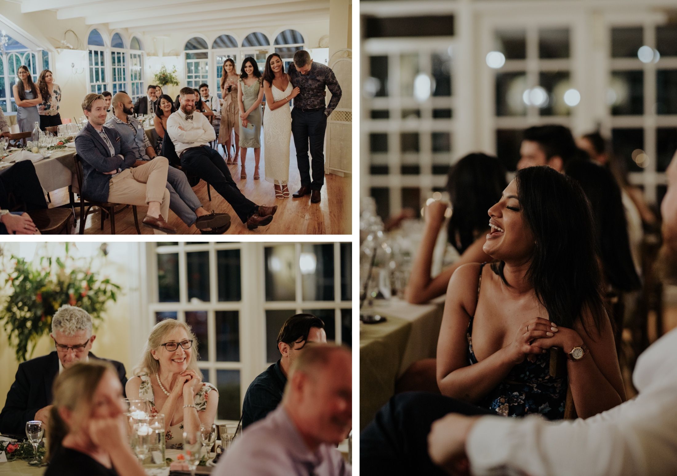 Wide shot of bride & groom laughing at speeches during wedding reception Fortnums Sassafras