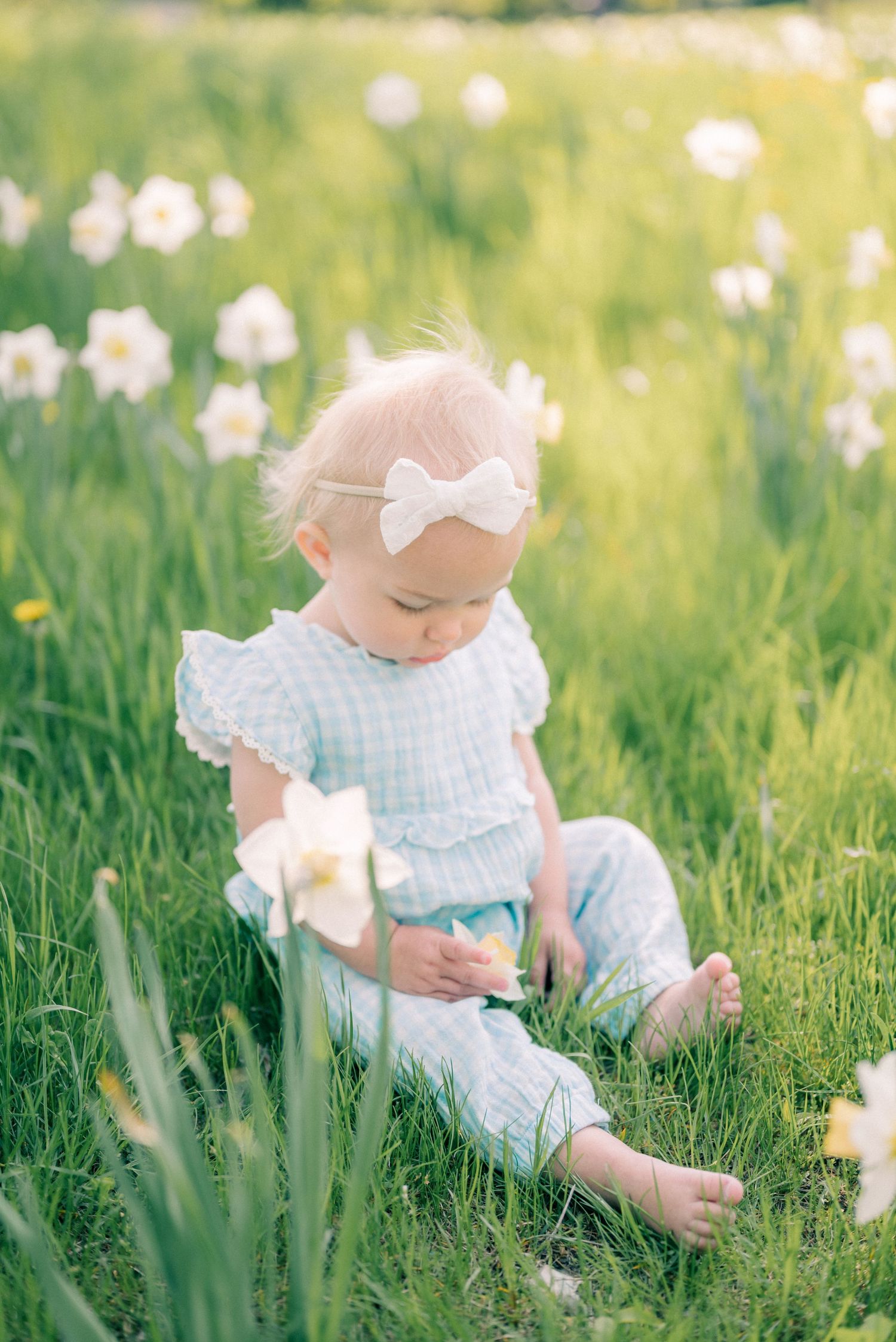 A small child in gingham dress sits among blooming daffodils in a spring garden.
