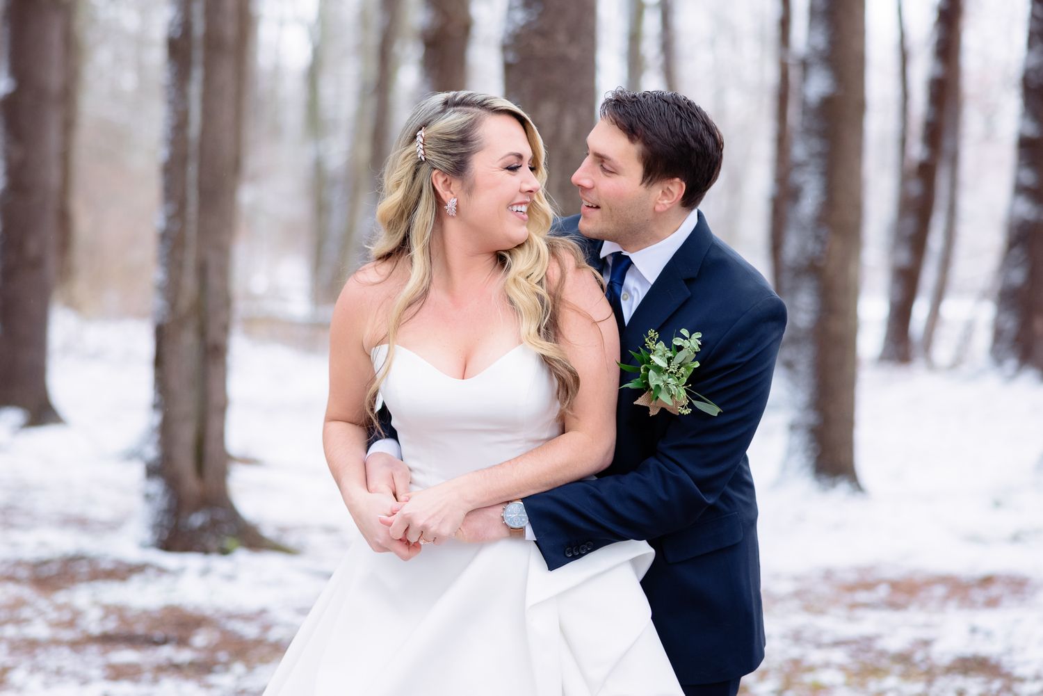 Wedding Portrait of Bride and Groom Smiling During Winter Wedding at Nimisila Reservoir Campgrounds in Akron, Ohio