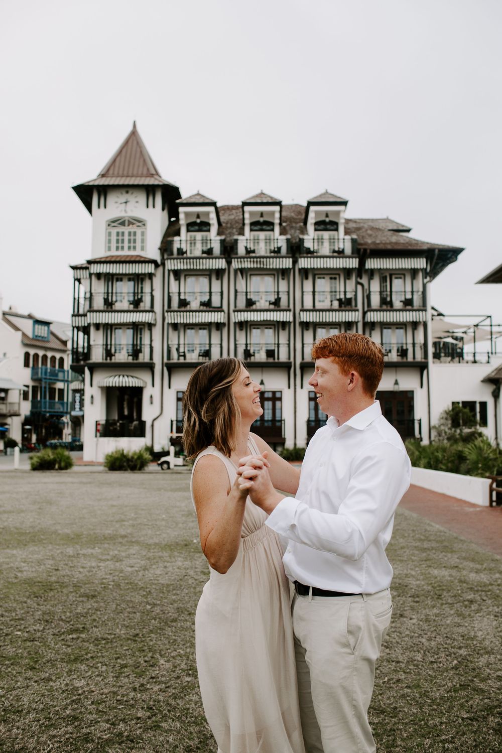 couple dancing in Rosemary Beach during their early morning adventurous Florida elopement