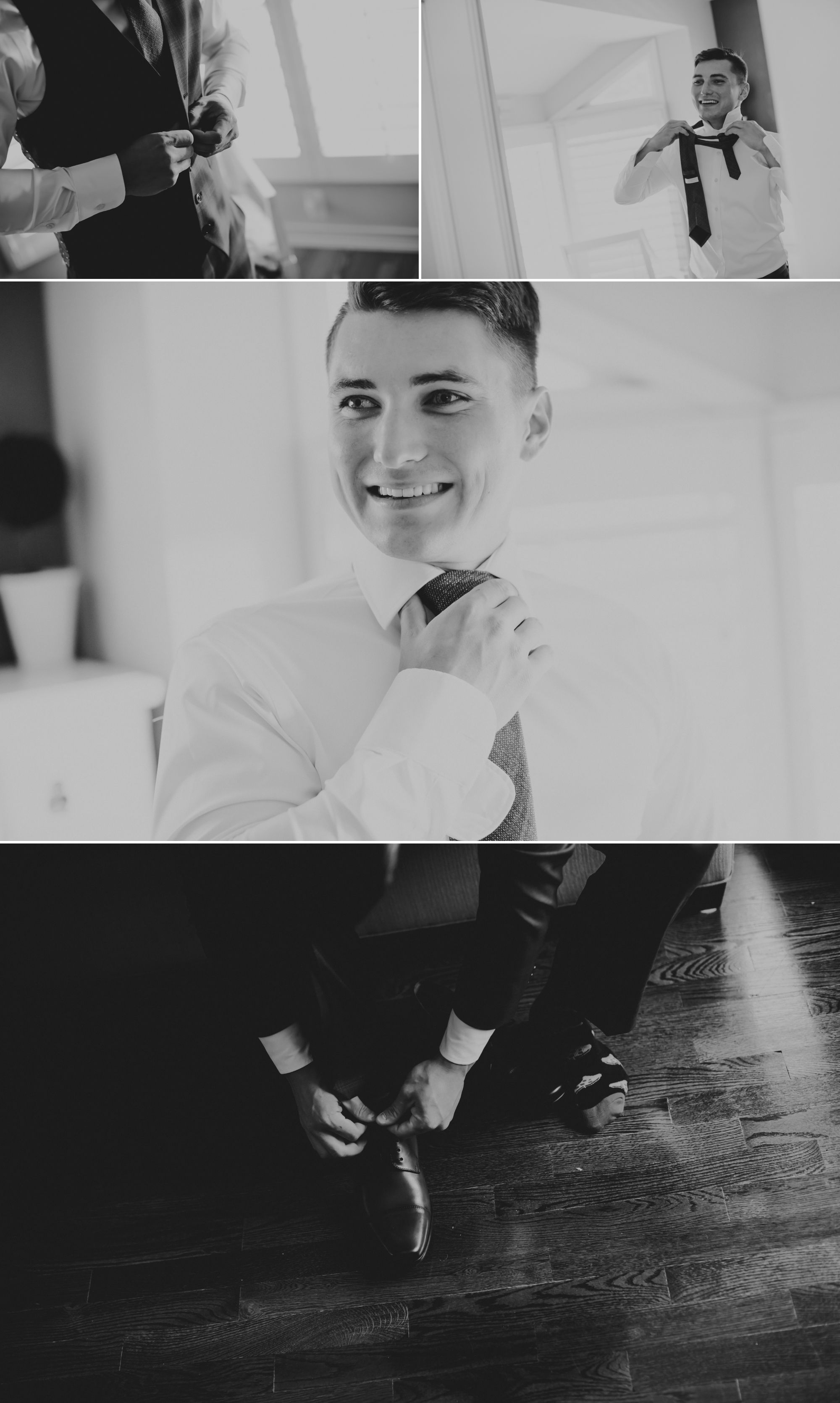Black and white collage of the groom putting on his vest, tie, and shoes.