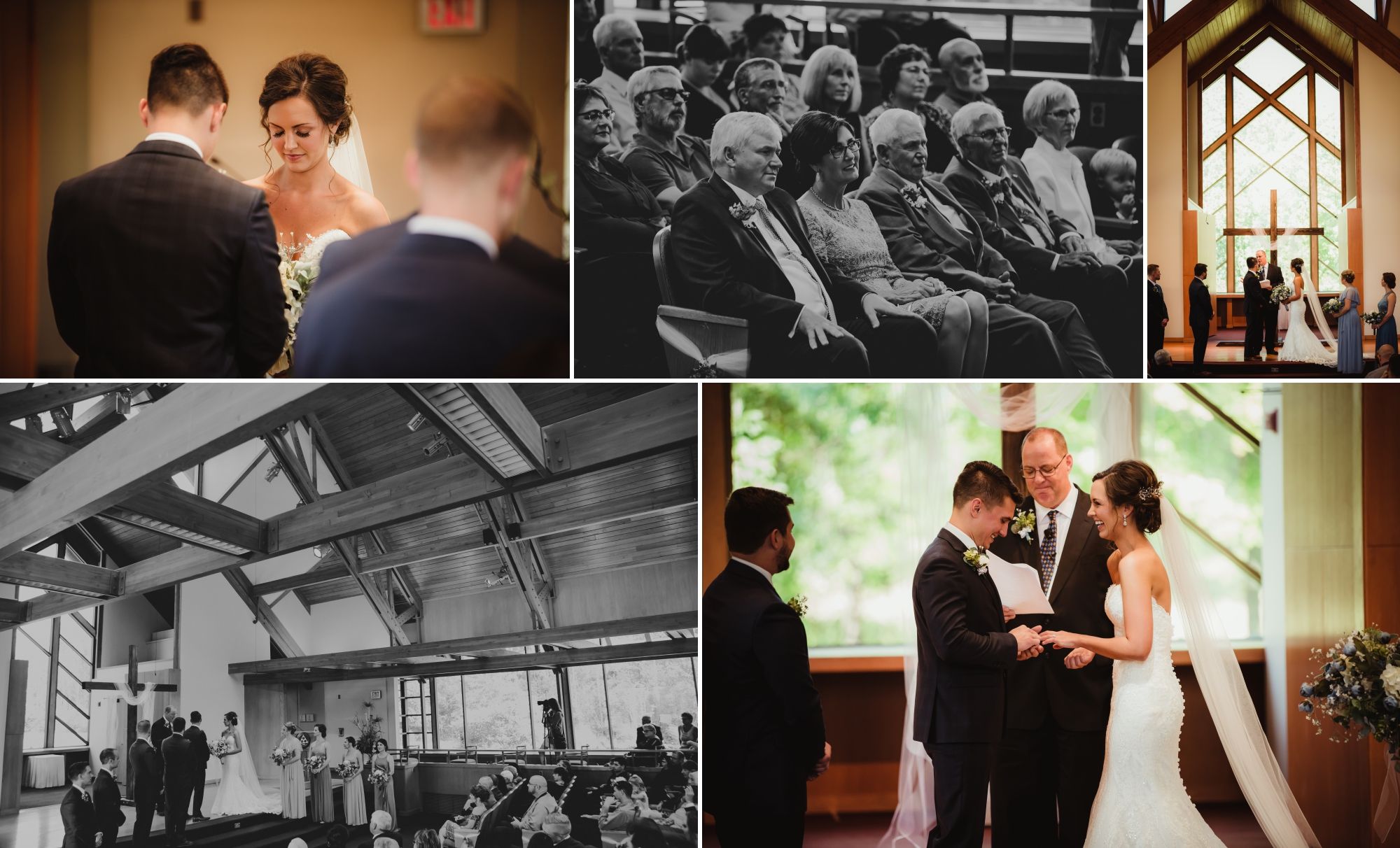 Collage of the wedding party, couple, and parents during the ceremony.