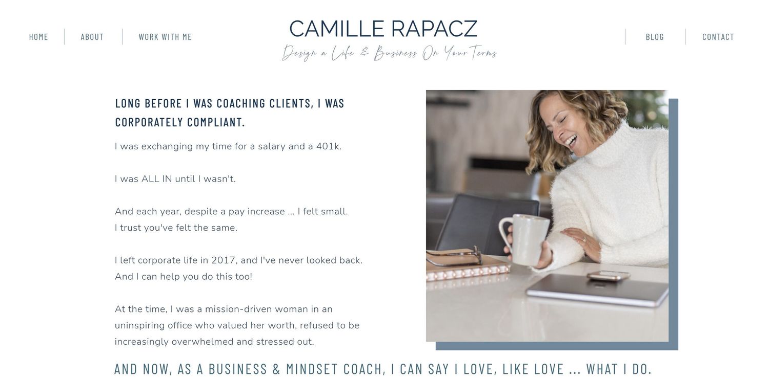 Bellevue, WA business coach Camille Rapacz website and branding photo update new about me page laughing woman