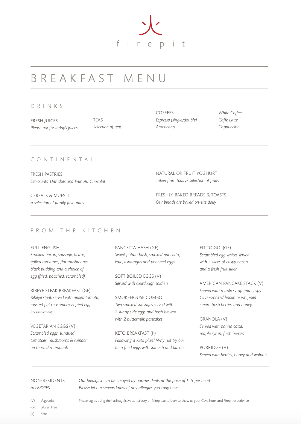 The fire pit restaurant at the cave hotel breakfast menus
