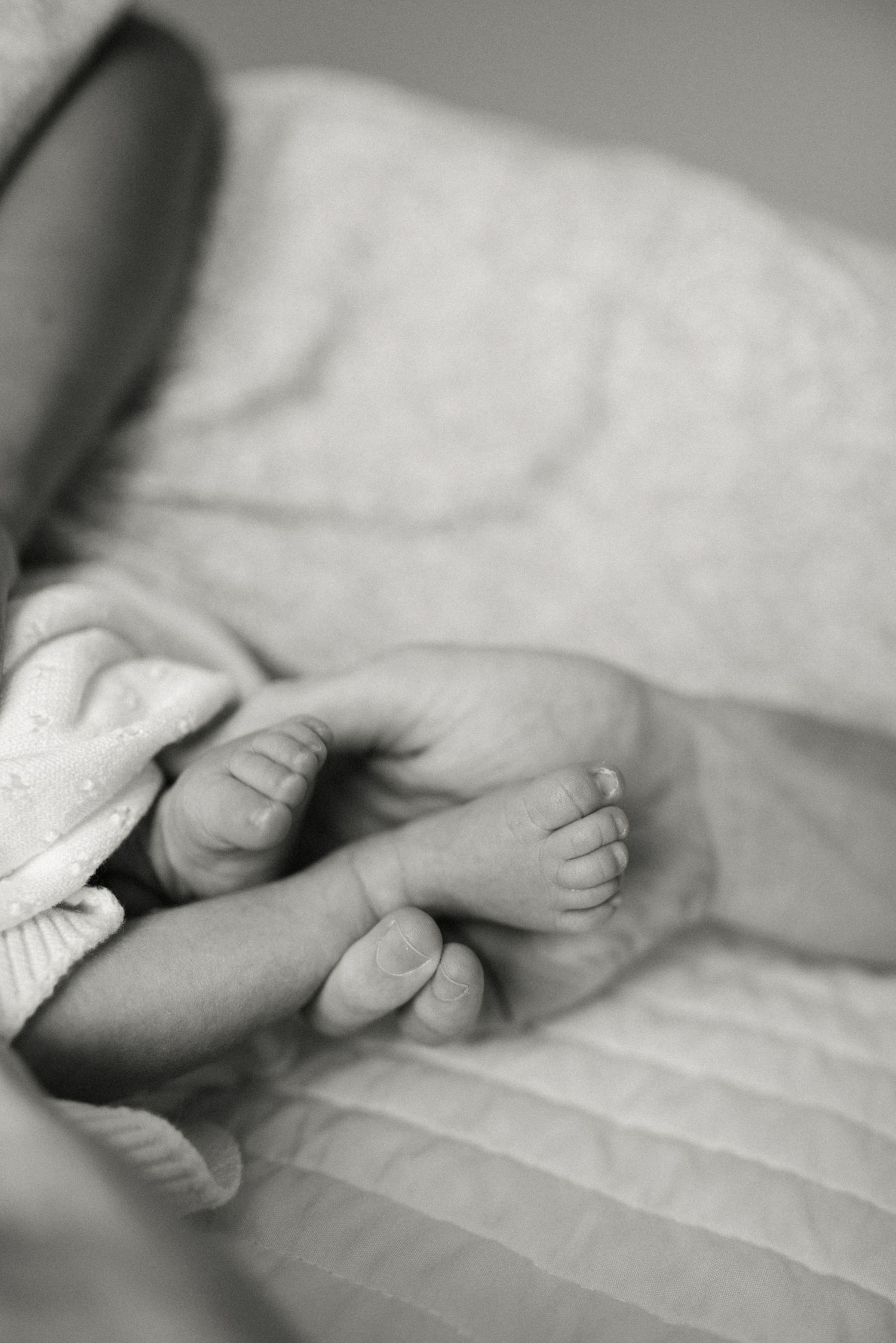 Black and white close-up of tiny baby feet against white bedding.