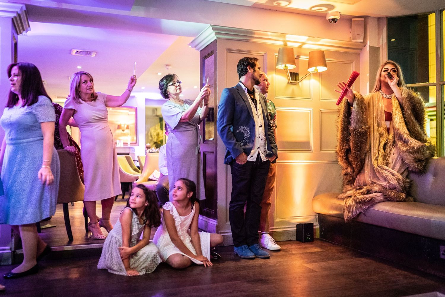 drag queen holds court during a gay wedding at chiswell street dining rooms